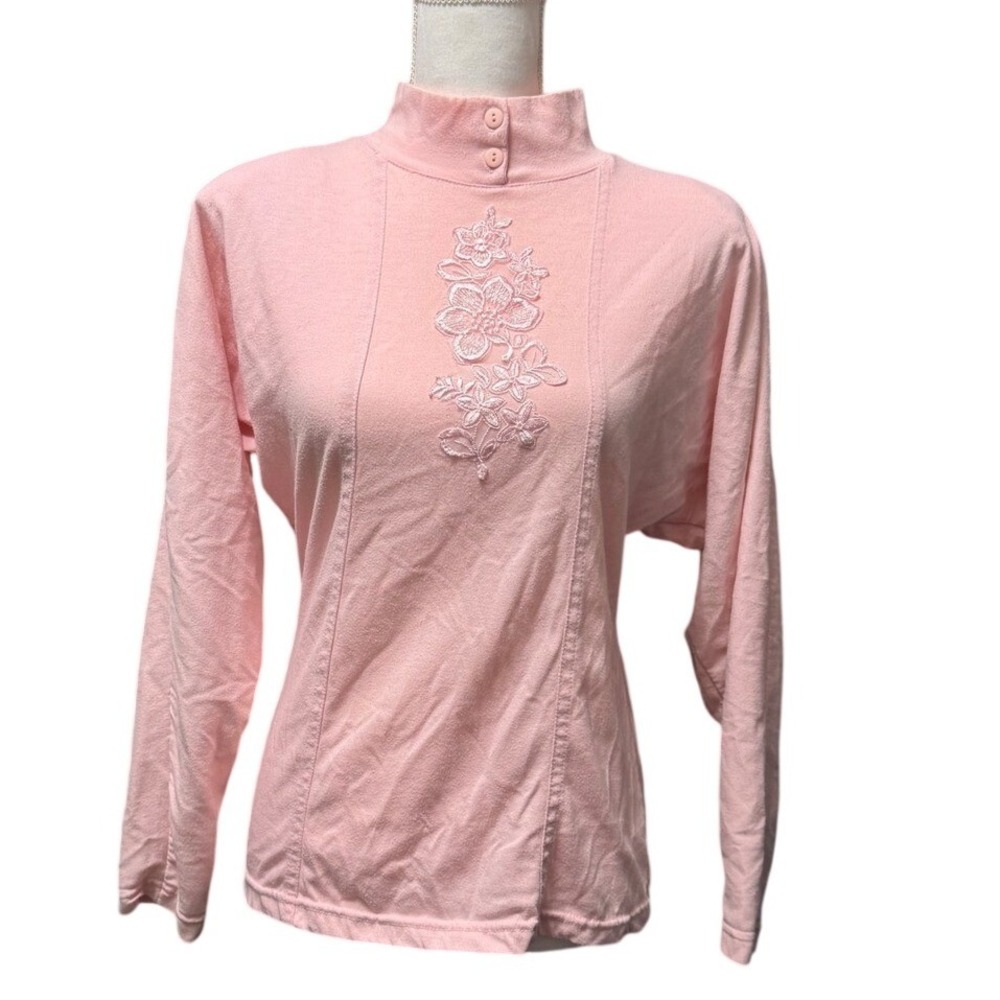 Croquet Club Pink Mock Neck Floral Embroidered Top Size L‎ Soft Girl Vintage